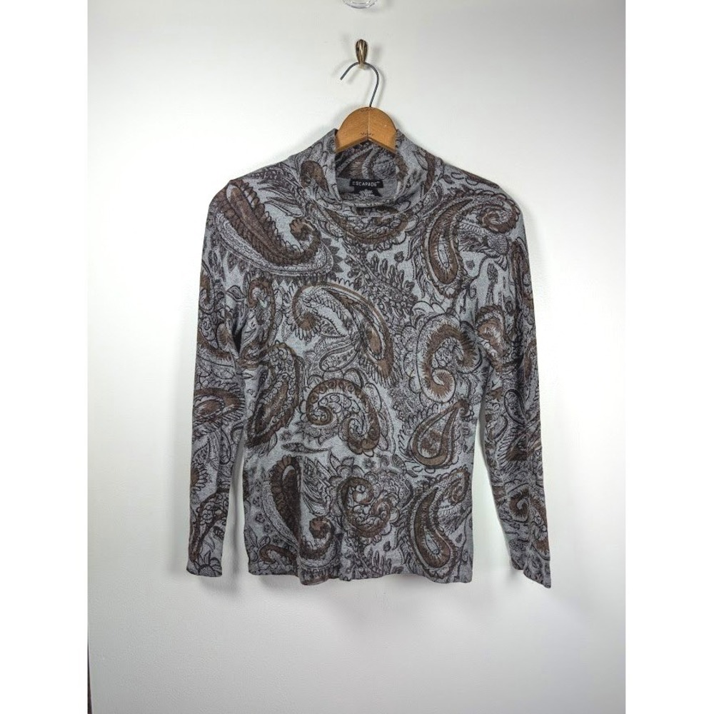 Knit Cashmere Angora Blend Sweater Size Medium Paisley Mock Neck Fairy Earthy
